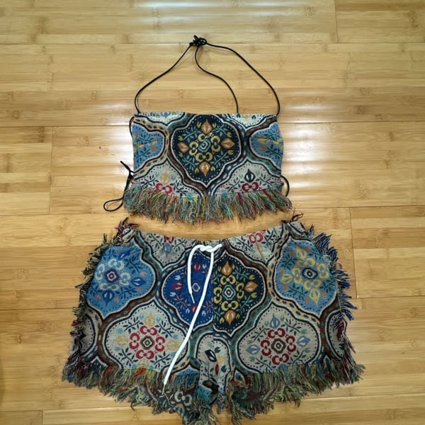 Tapestry Print Two-Piece Halter Top and Shorts Set
