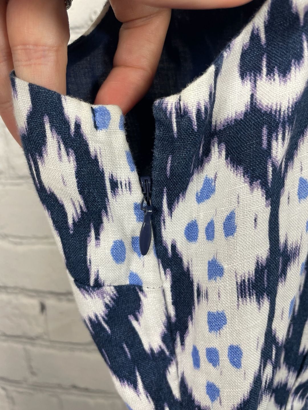 Gap Blue and White Coastal Ikat Print 100% Linen Lined Sleeveless Dress Sz 10 6