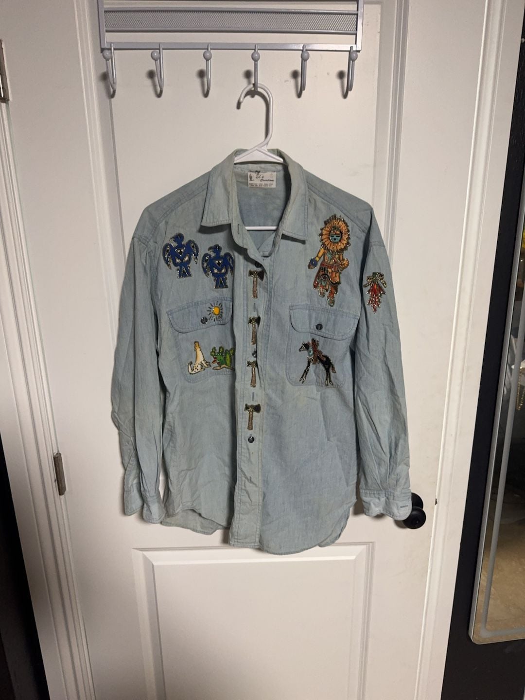 Vintage El's Creations Beaded Southwestern Denim Shirt Size S 2