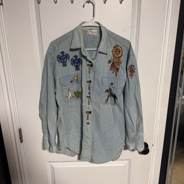 Vintage El's Creations Beaded Southwestern Denim Shirt Size S