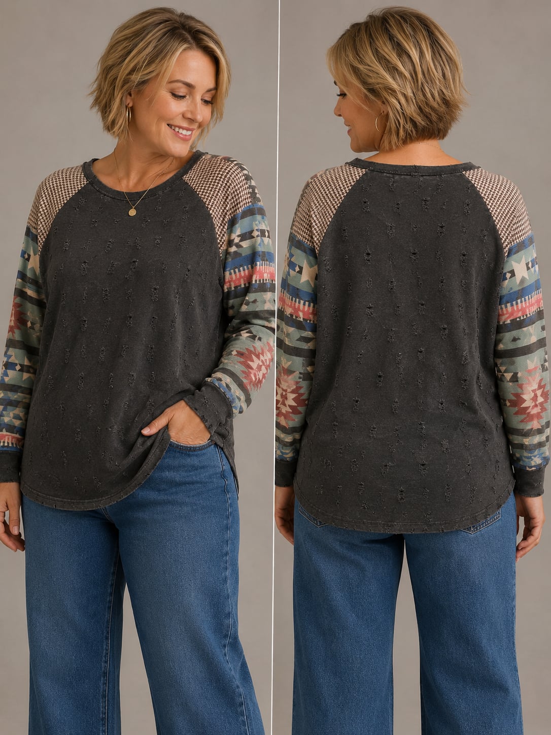 Grace and Lace Distressed Southwest Print Raglan Long Sleeve Top
B170JC 2