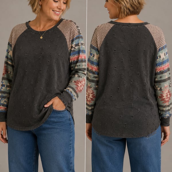 Grace and Lace Distressed Southwest Print Raglan Long Sleeve Top
B170JC
