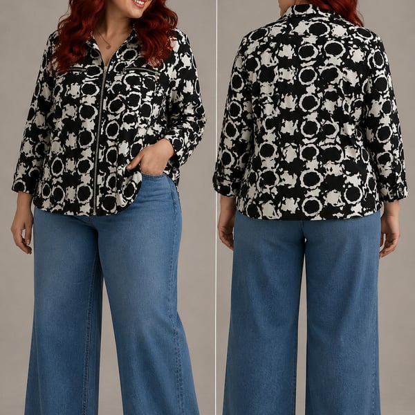 Zenergy by Chico's Black and White Abstract Print Zip Front Jacket Size 1
B172JC