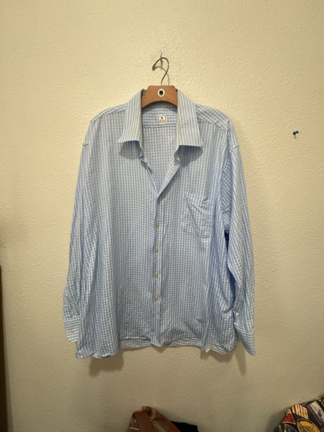Peter Millar Men's Long Sleeve Button Down Shirt Blue White Check Size 18 1/2 2