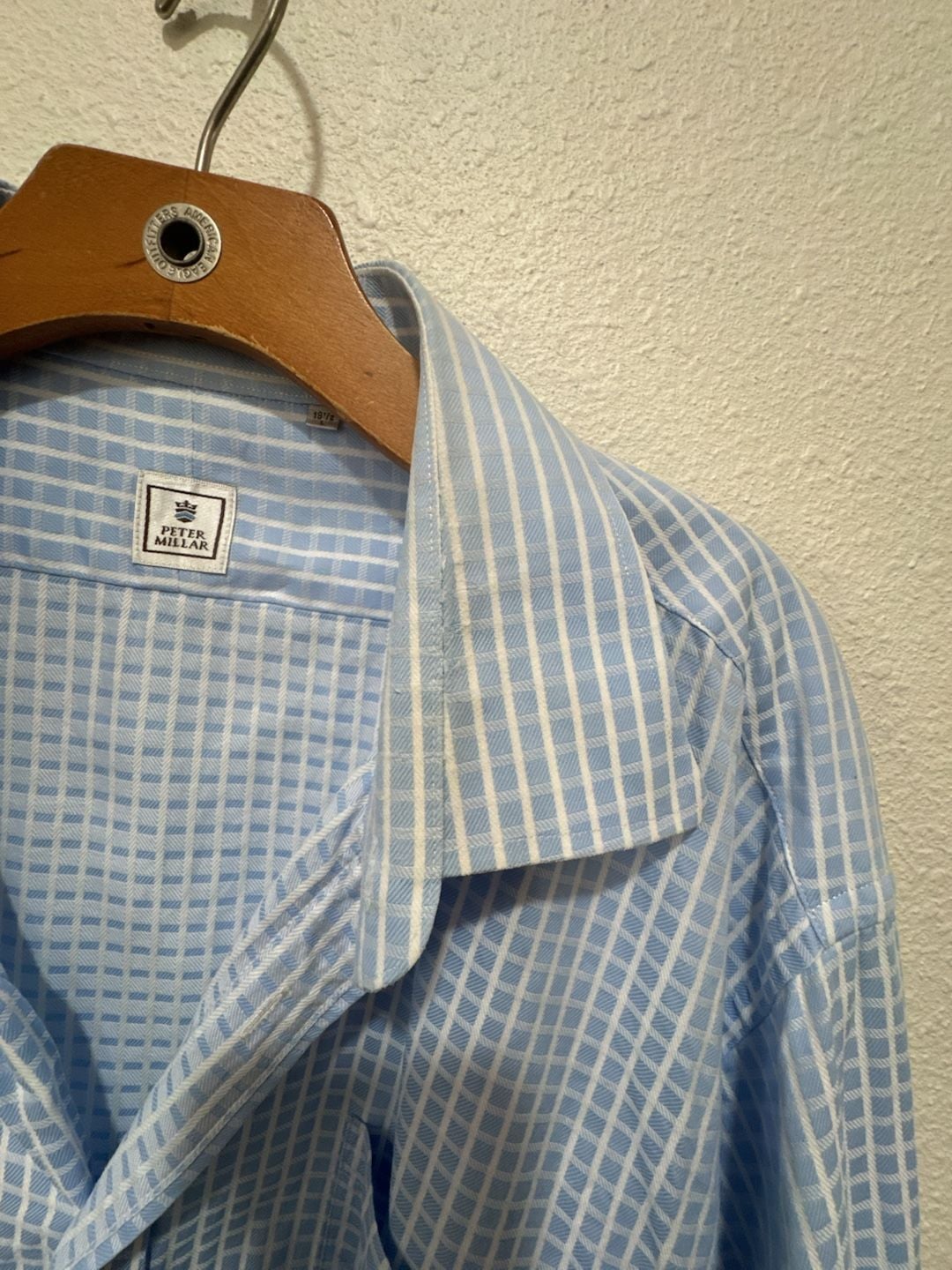 Peter Millar Men's Long Sleeve Button Down Shirt Blue White Check Size 18 1/2 7