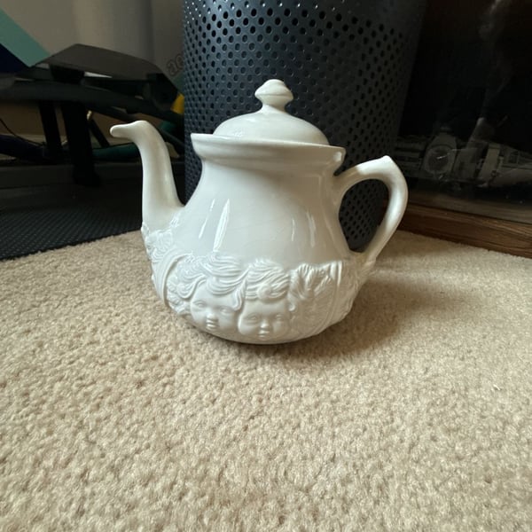 Vintage White Ceramic Cherub Relief Teapot
