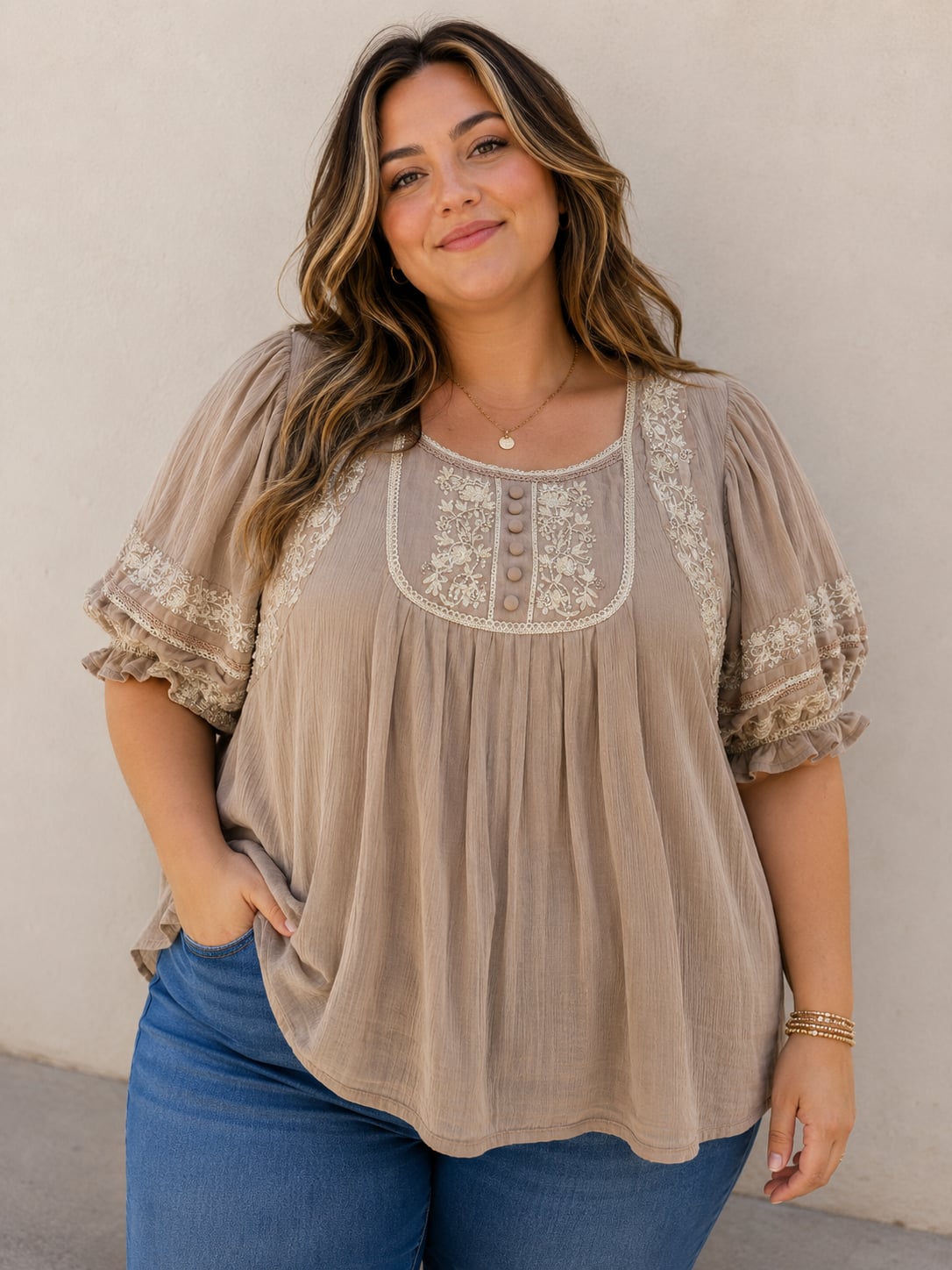 Oversized Lace-Trim Button-Front Blouse
B193JC 2