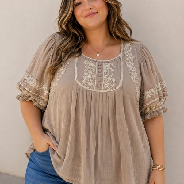 Oversized Lace-Trim Button-Front Blouse
B193JC
