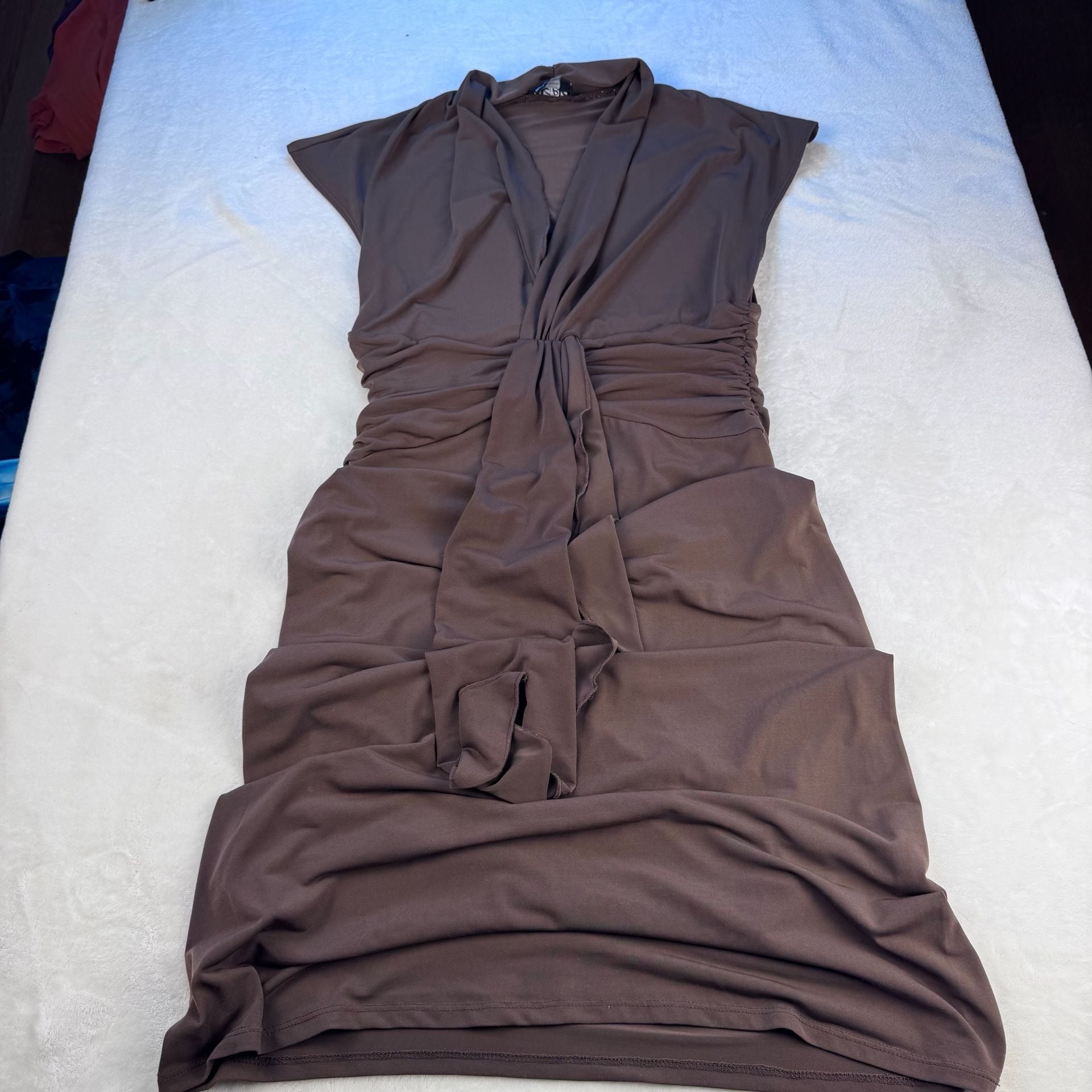 BCBG vintage Brown Ruched V-Neck Midi Dress medium  13