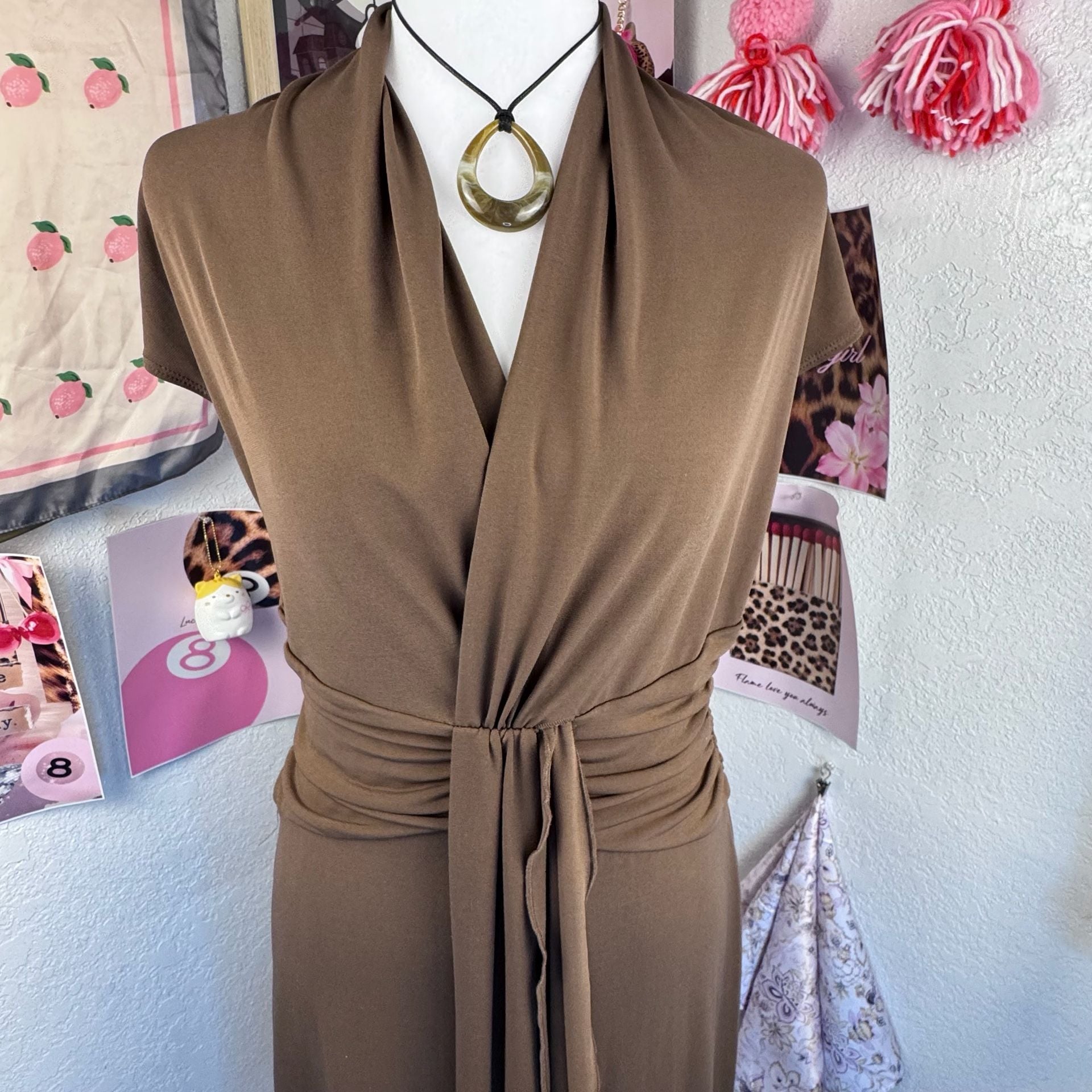BCBG vintage Brown Ruched V-Neck Midi Dress medium  16