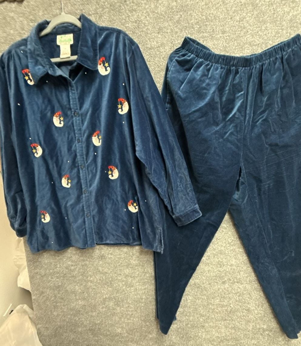 Quacker Factory 2 Piece Velour Velvet Christmas Shirt Pants Embroidered Santa L 2