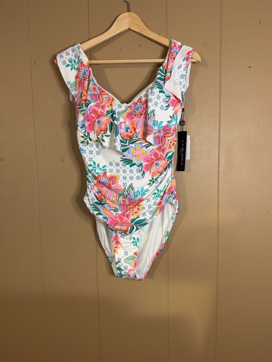 La Blanca Floral Ruffle One-Piece Swimsuit Size 14 1