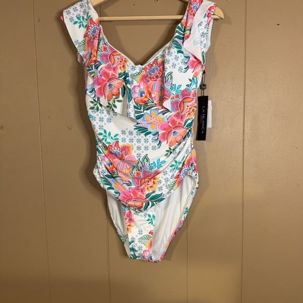 La Blanca Floral Ruffle One-Piece Swimsuit Size 14