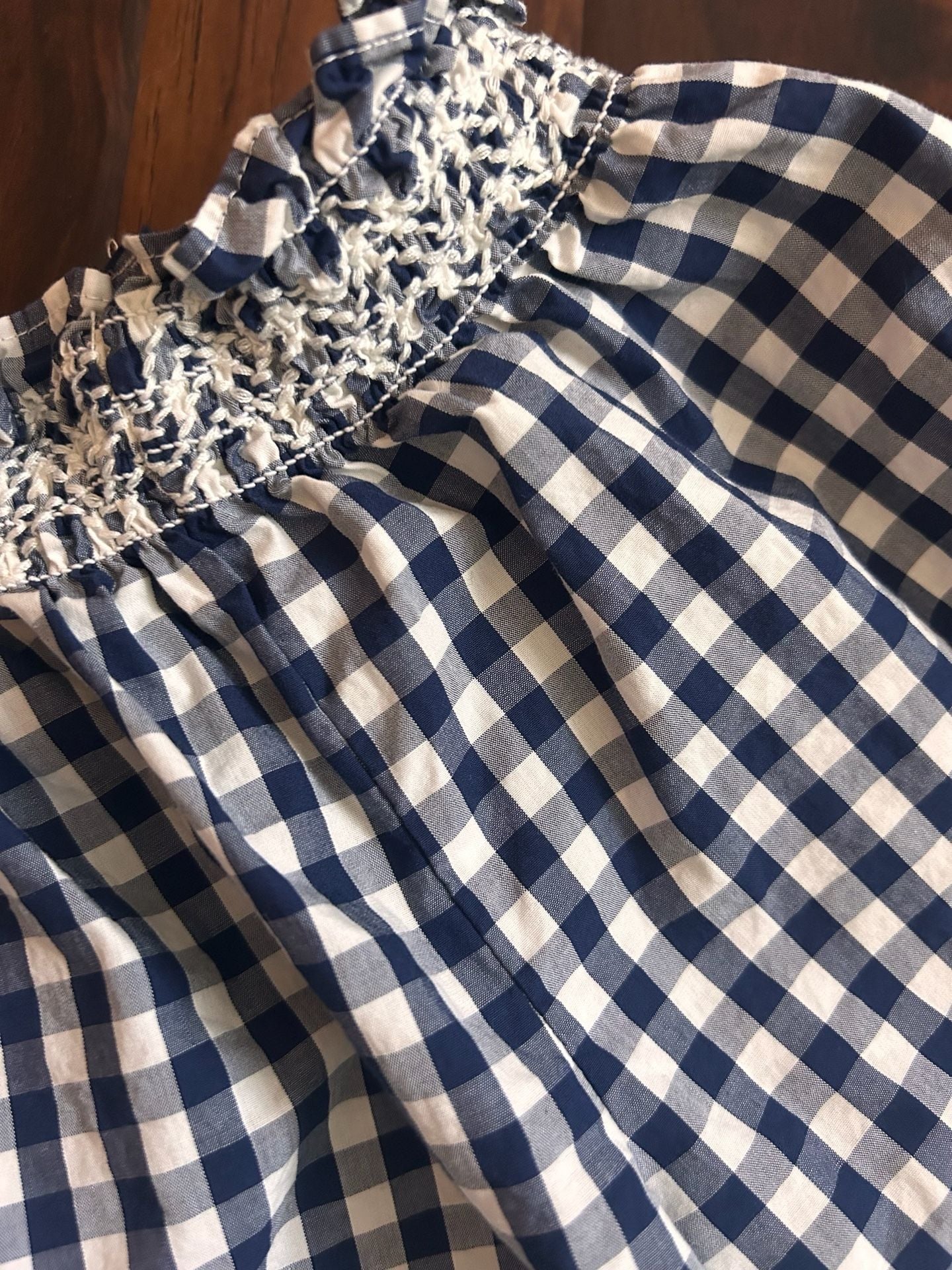 Madewell Women's Size S Blue and White Gingham Off-the-Shoulder Smocked Top 3