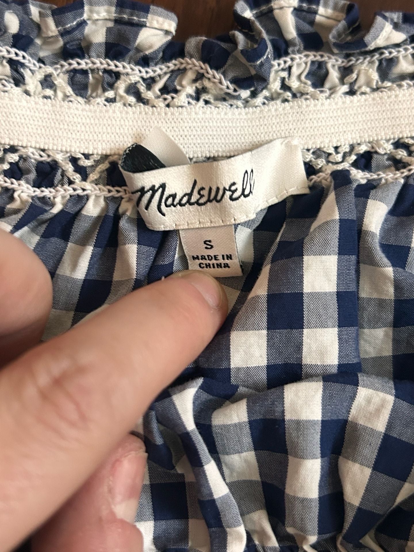 Madewell Women's Size S Blue and White Gingham Off-the-Shoulder Smocked Top 5