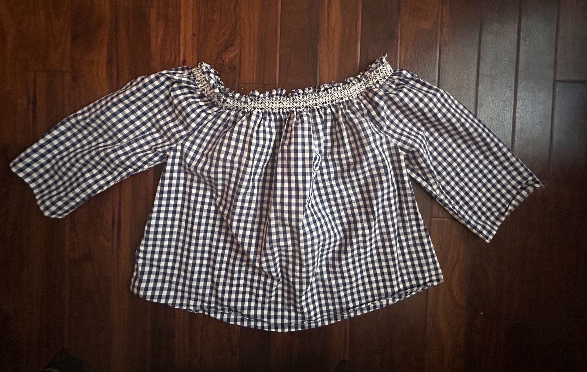 Madewell Women's Size S Blue and White Gingham Off-the-Shoulder Smocked Top 8