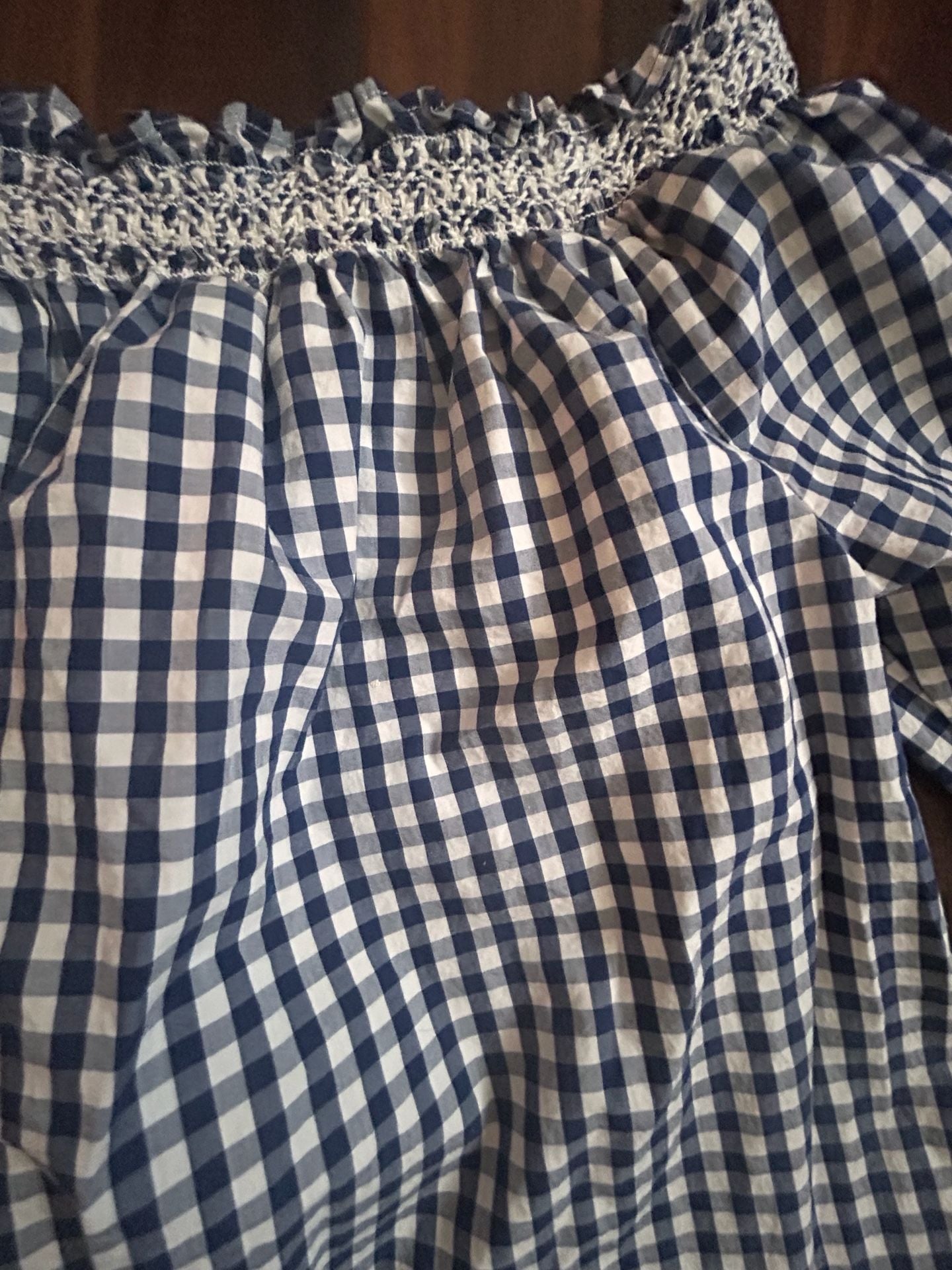 Madewell Women's Size S Blue and White Gingham Off-the-Shoulder Smocked Top 9