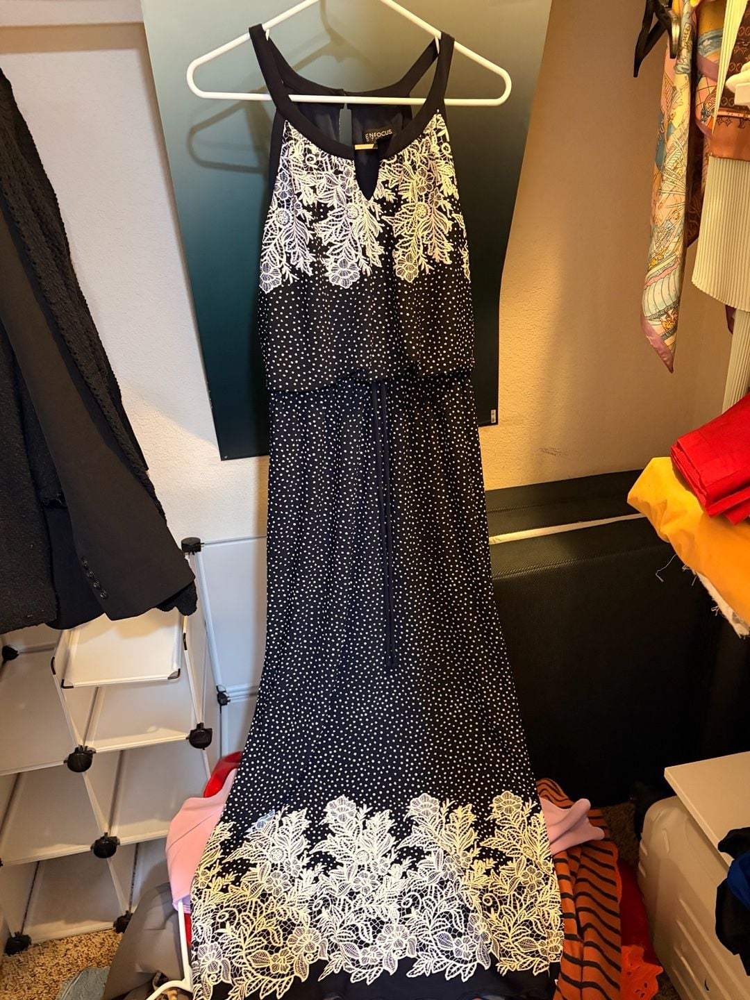 Enfocus Studio Size 4 Black and White Polka Dot Lace Trim Maxi Dress 2
