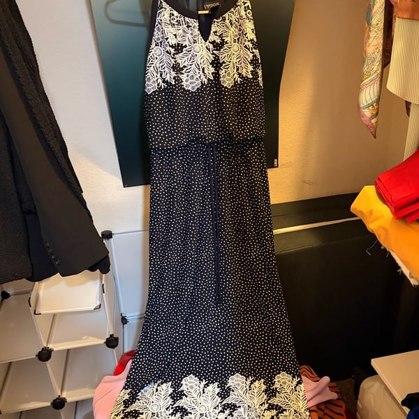 Enfocus Studio Size 4 Black and White Polka Dot Lace Trim Maxi Dress