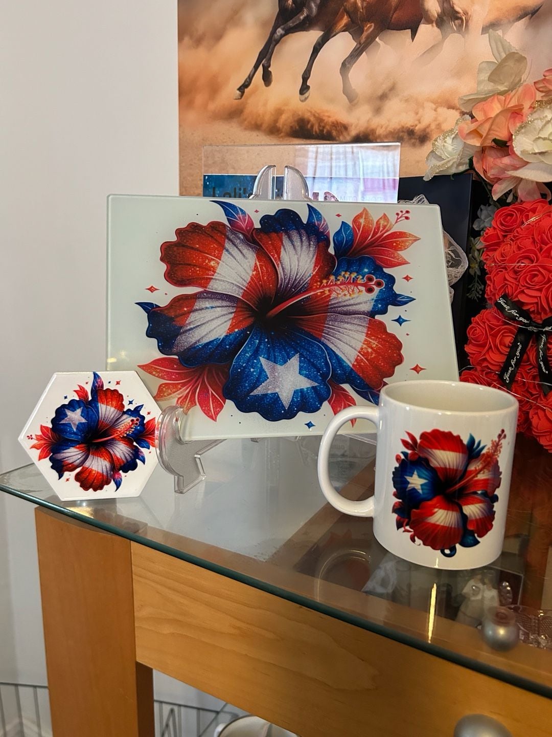 Puerto Rico Flag Hibiscus Flower Glass Cutting Board, Coaster, and Mug Set 1