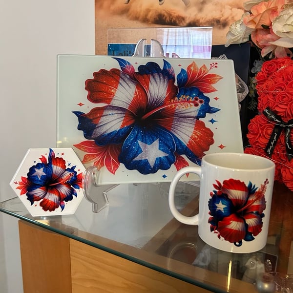 Puerto Rico Flag Hibiscus Flower Glass Cutting Board, Coaster, and Mug Set