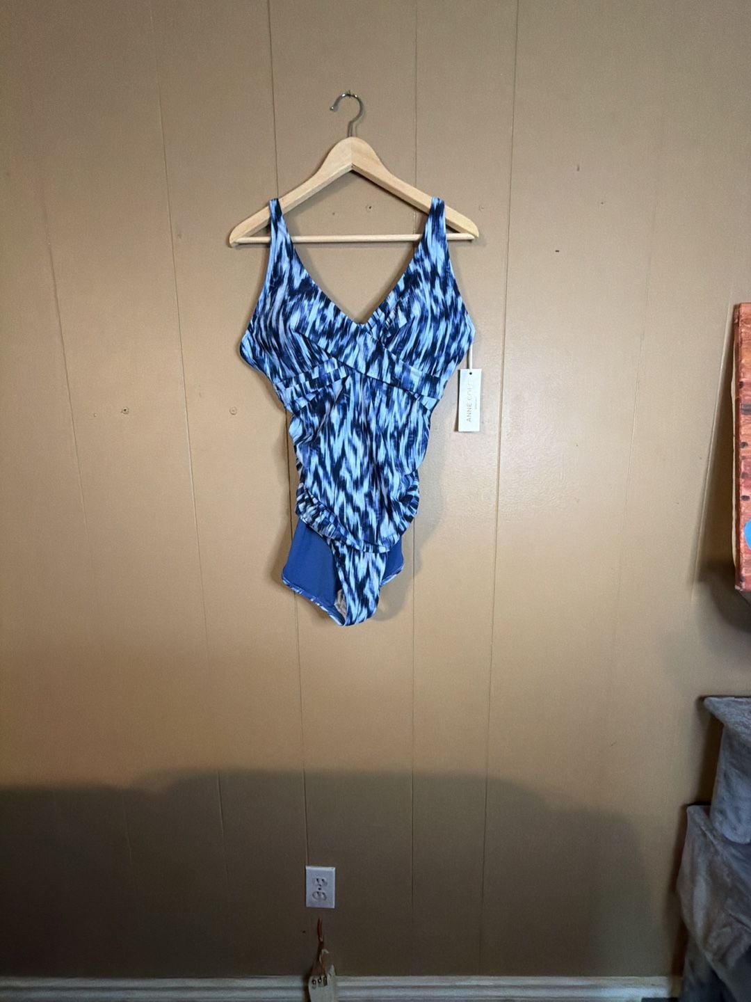 Anne Cole One-Piece Swimsuit Blue White Abstract Print Size 16 1