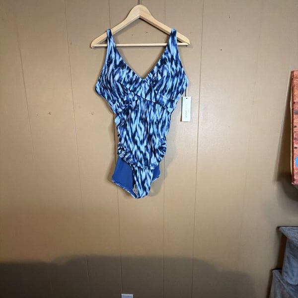 Anne Cole One-Piece Swimsuit Blue White Abstract Print Size 16