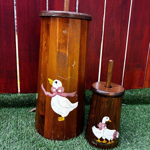 Vintage Hand Painted Wooden Goose Butter Churn and Matching Canister Set