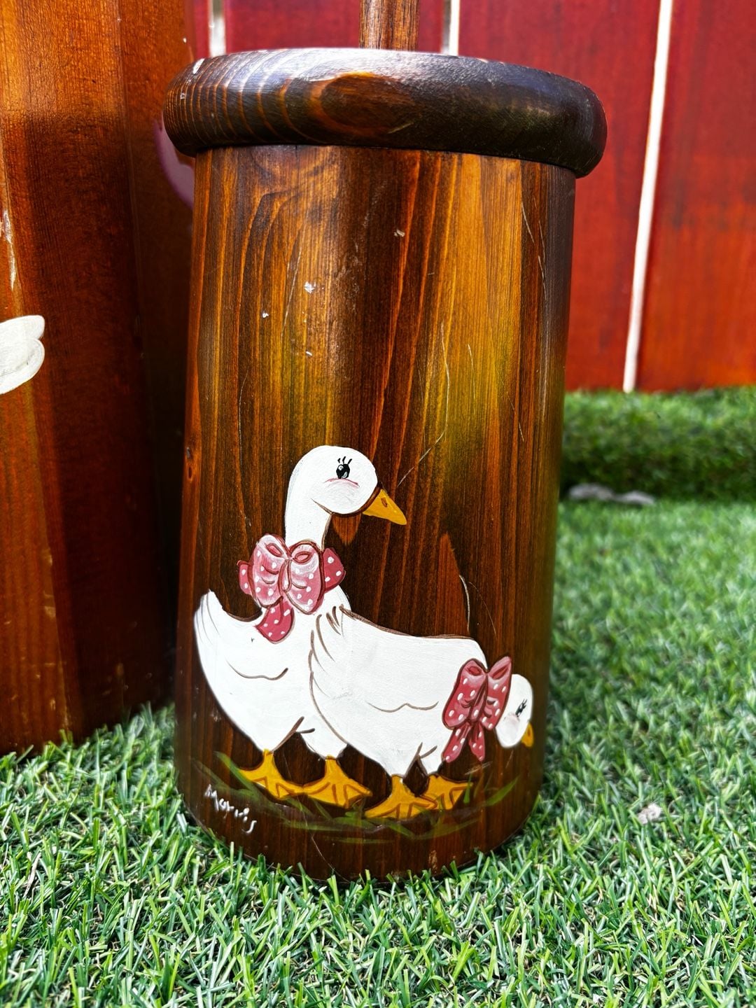 Vintage Hand Painted Wooden Goose Butter Churn and Matching Canister Set 8