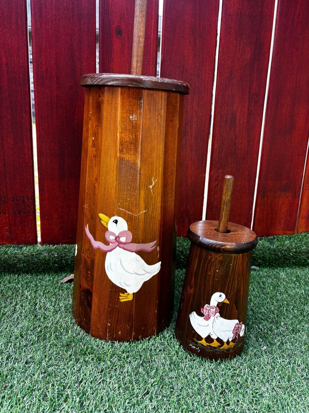Vintage Hand Painted Wooden Goose Butter Churn and Matching Canister Set 13