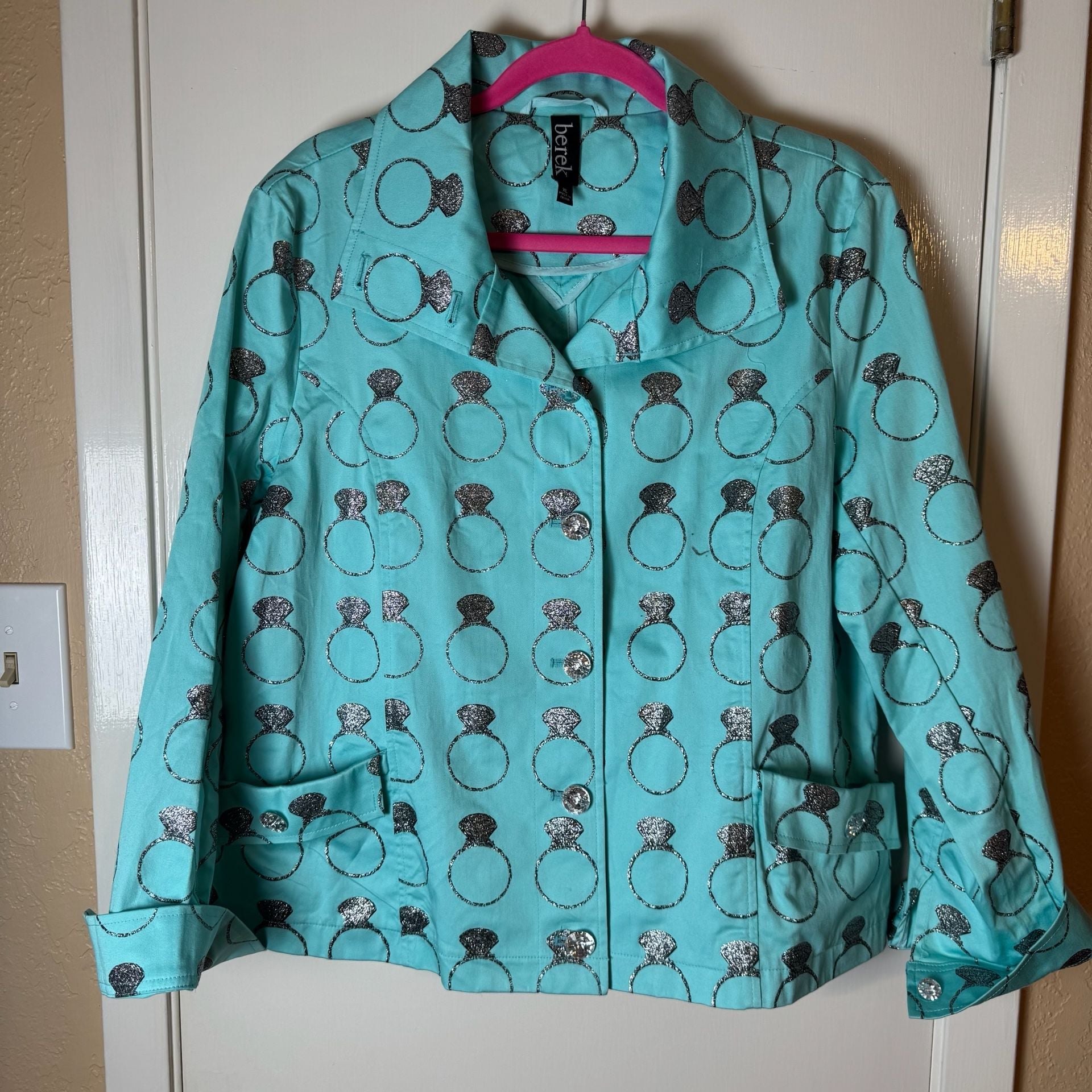 Berek Women’s XL Turquoise Engagement Ring Print Jacket Rhinestone Bling Artwear 3