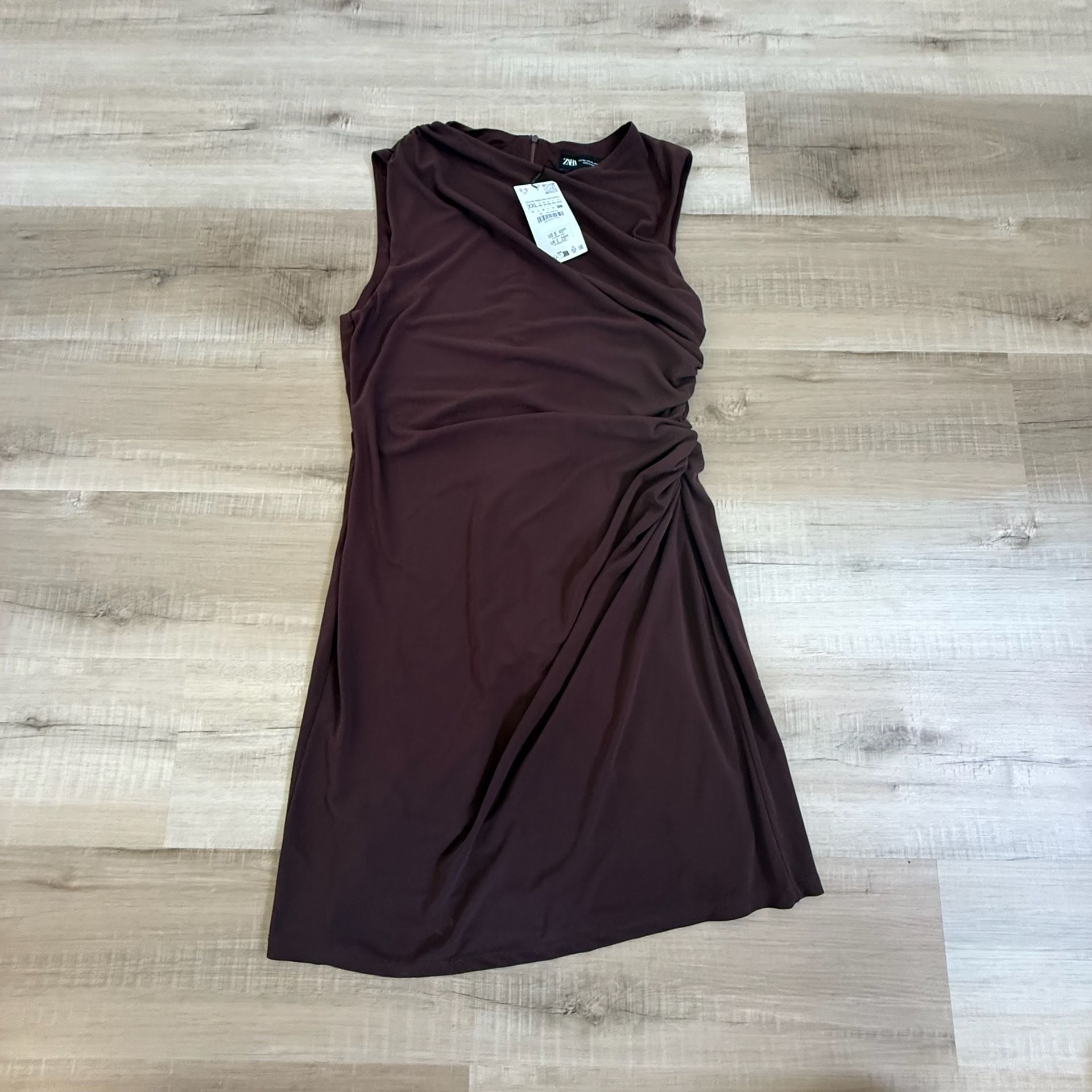 NEW Zara Chocolate Brown Sleeveless Ruched Mini Dress Size XXL 3