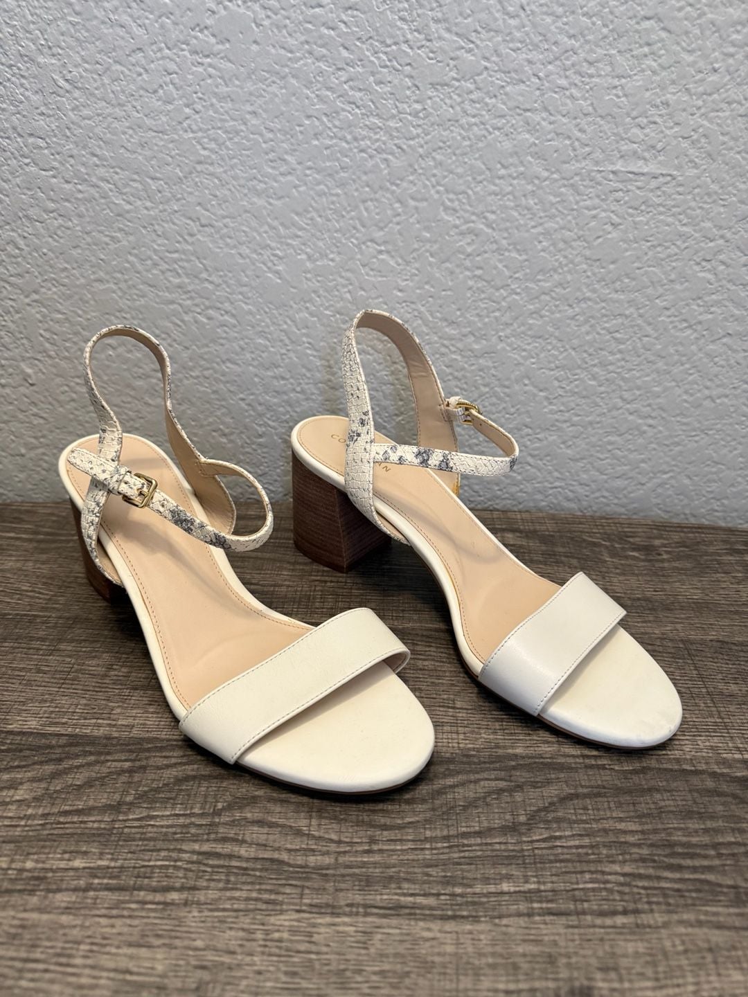 Cole Haan White Leather and Snakeskin Print Block Heel Sandals 2