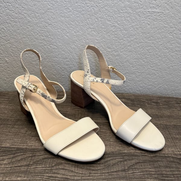 Cole Haan White Leather and Snakeskin Print Block Heel Sandals