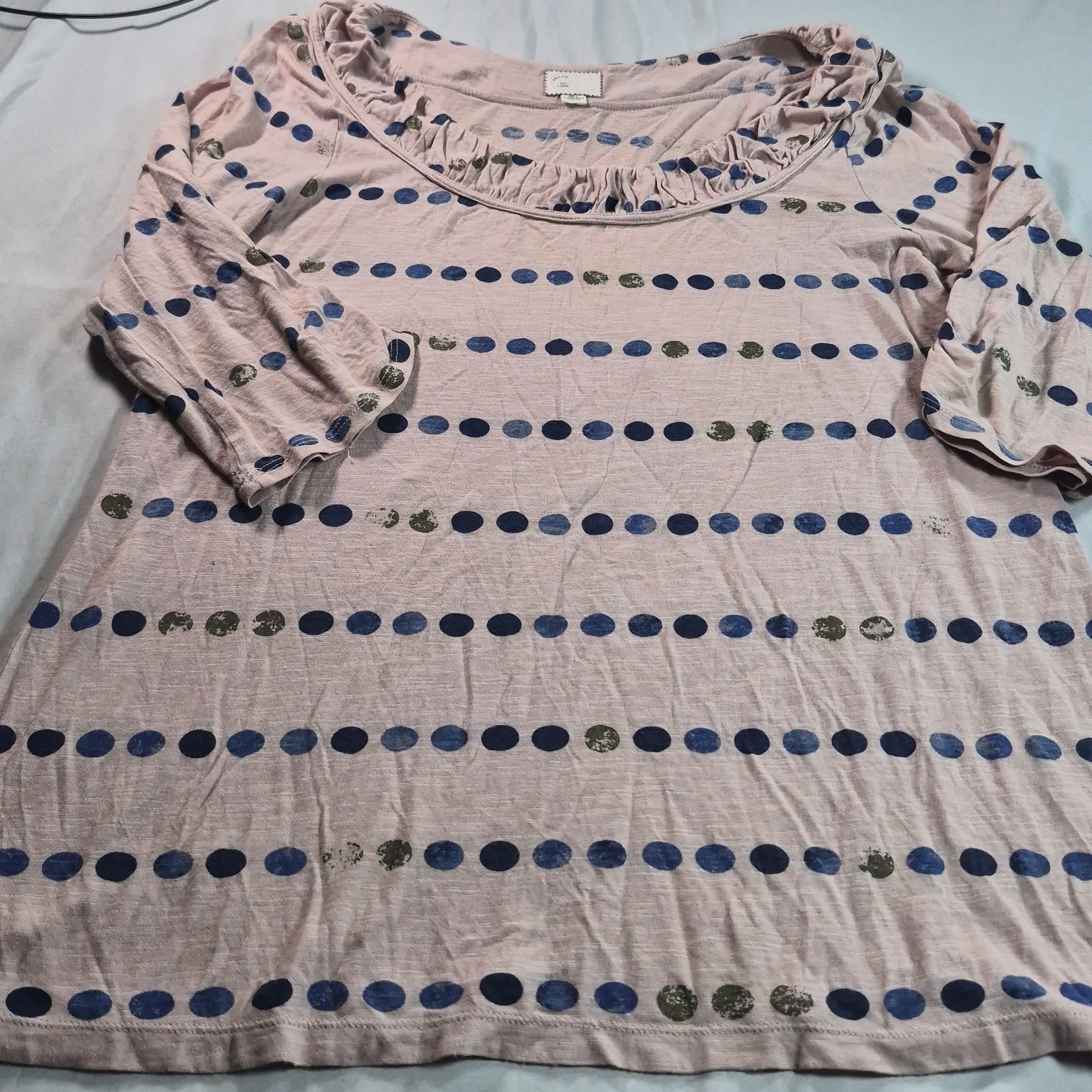 POSTAGE STAMP 3/4 sleeve top. Light brown with blue, green & black polka dots. Large 2