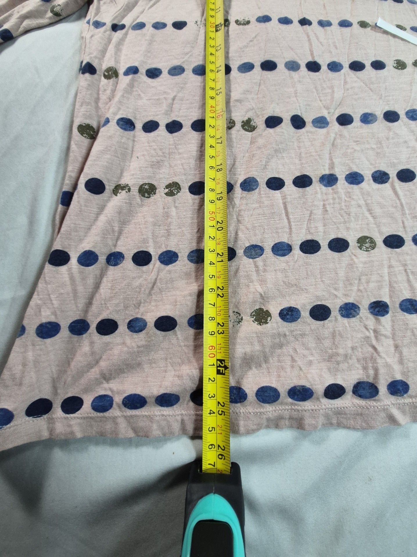 POSTAGE STAMP 3/4 sleeve top. Light brown with blue, green & black polka dots. Large 5