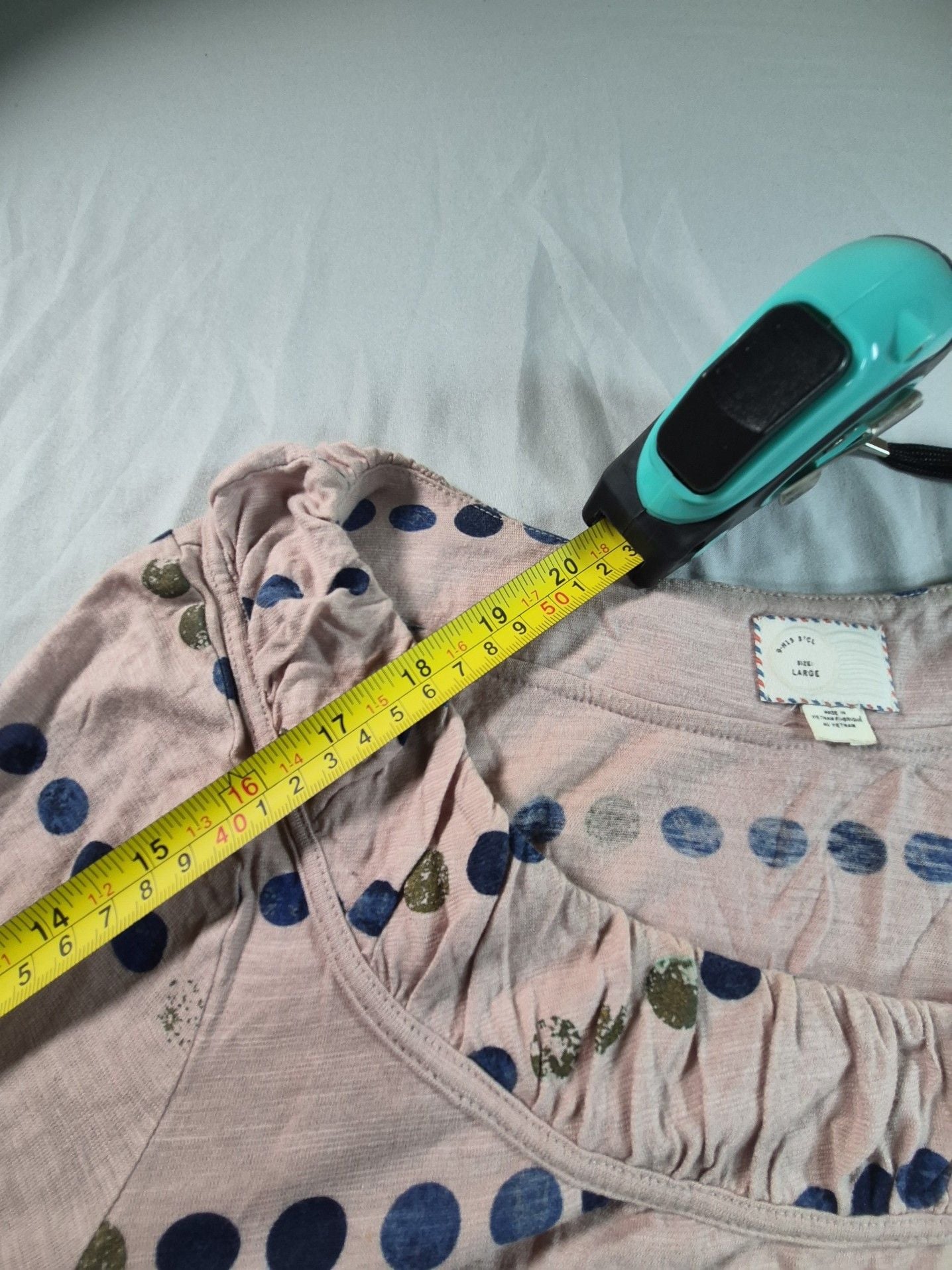 POSTAGE STAMP 3/4 sleeve top. Light brown with blue, green & black polka dots. Large 7