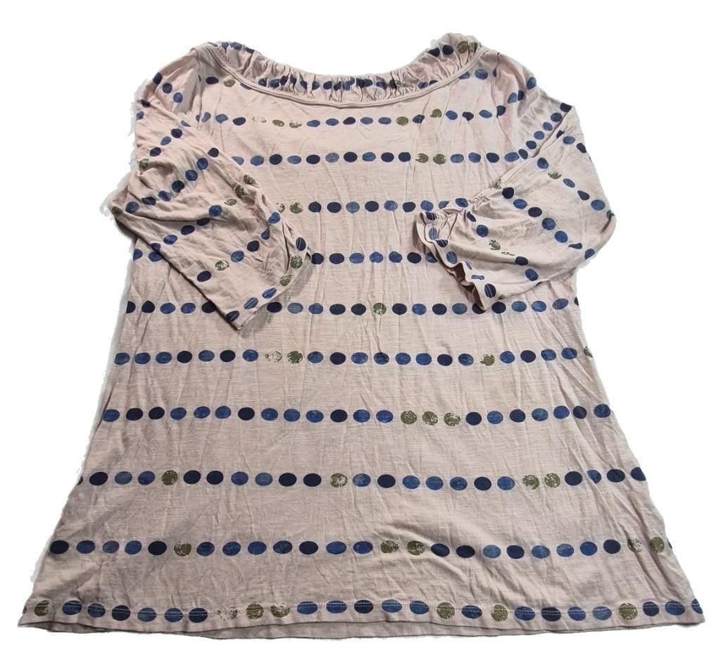 POSTAGE STAMP 3/4 sleeve top. Light brown with blue, green & black polka dots. Large 8