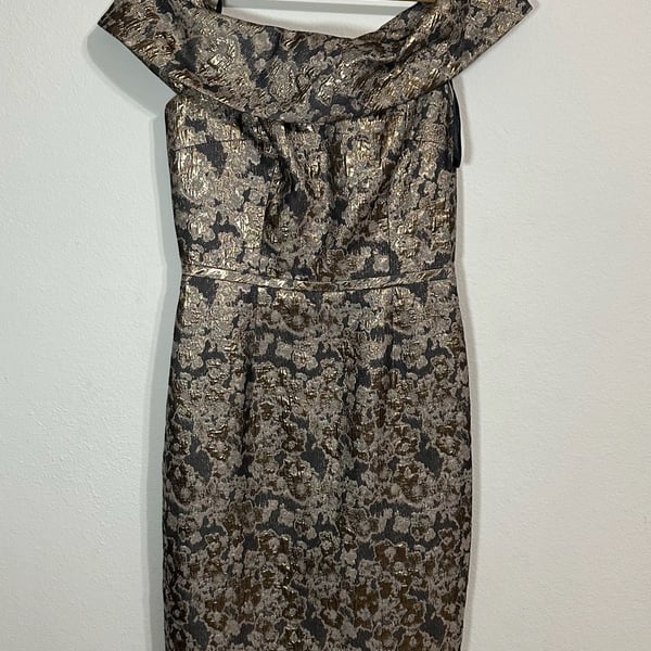 Calvin Klein Metallic Gold and Black Floral Brocade Off-the-Shoulder Sheath Dress