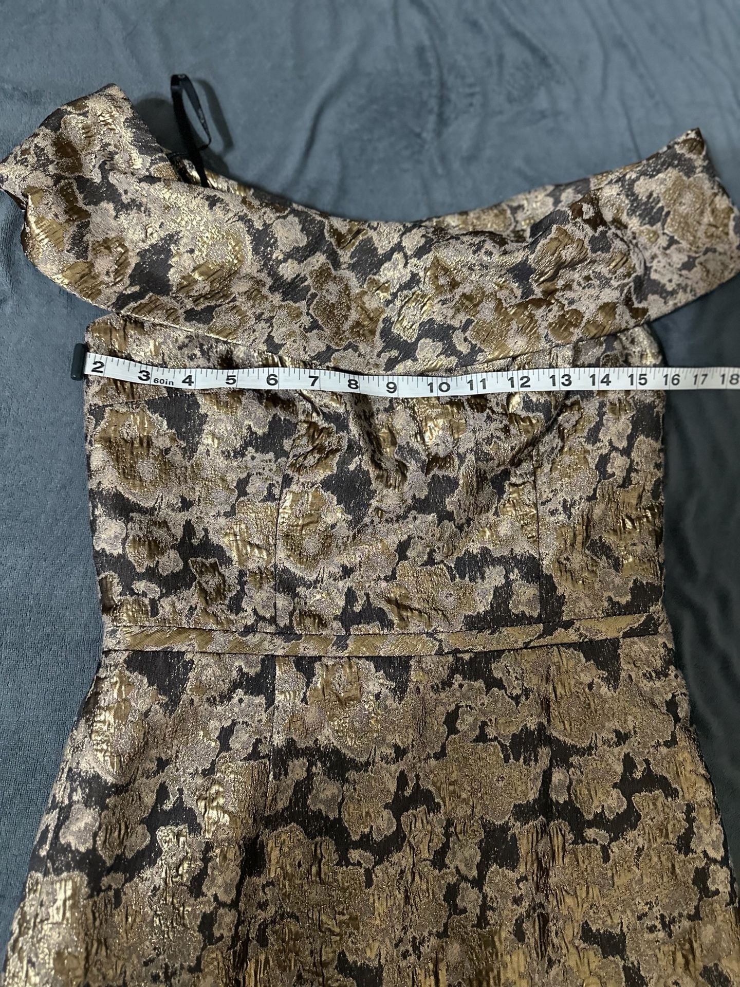Calvin Klein Metallic Gold and Black Floral Brocade Off-the-Shoulder Sheath Dress 4
