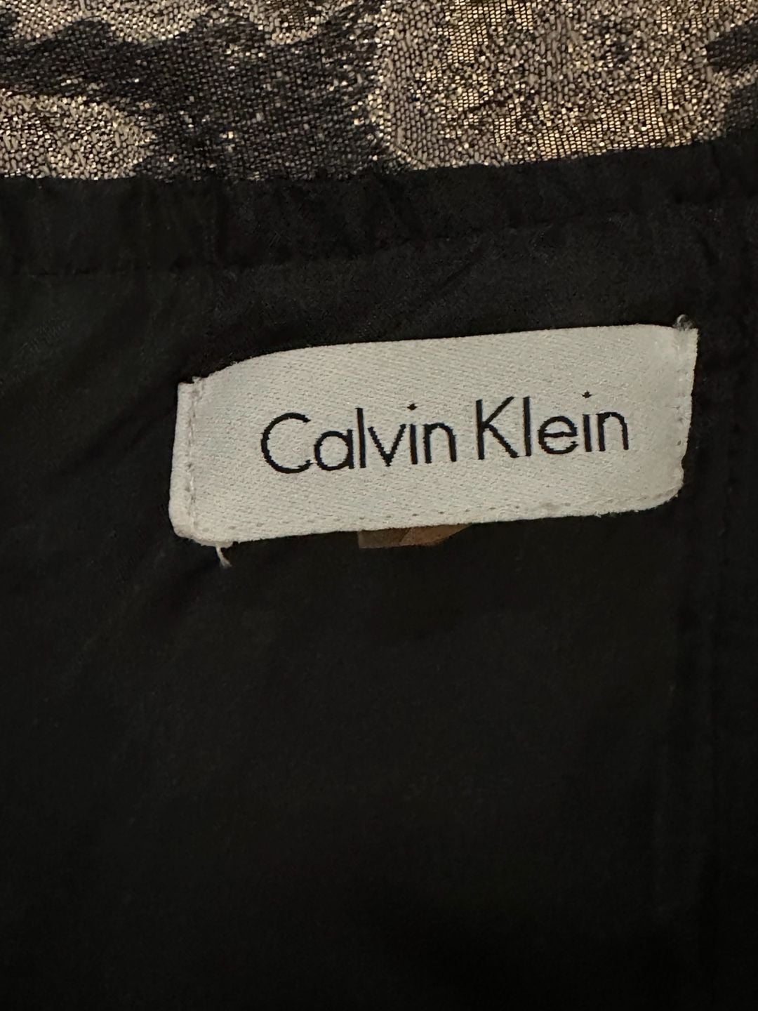 Calvin Klein Metallic Gold and Black Floral Brocade Off-the-Shoulder Sheath Dress 6
