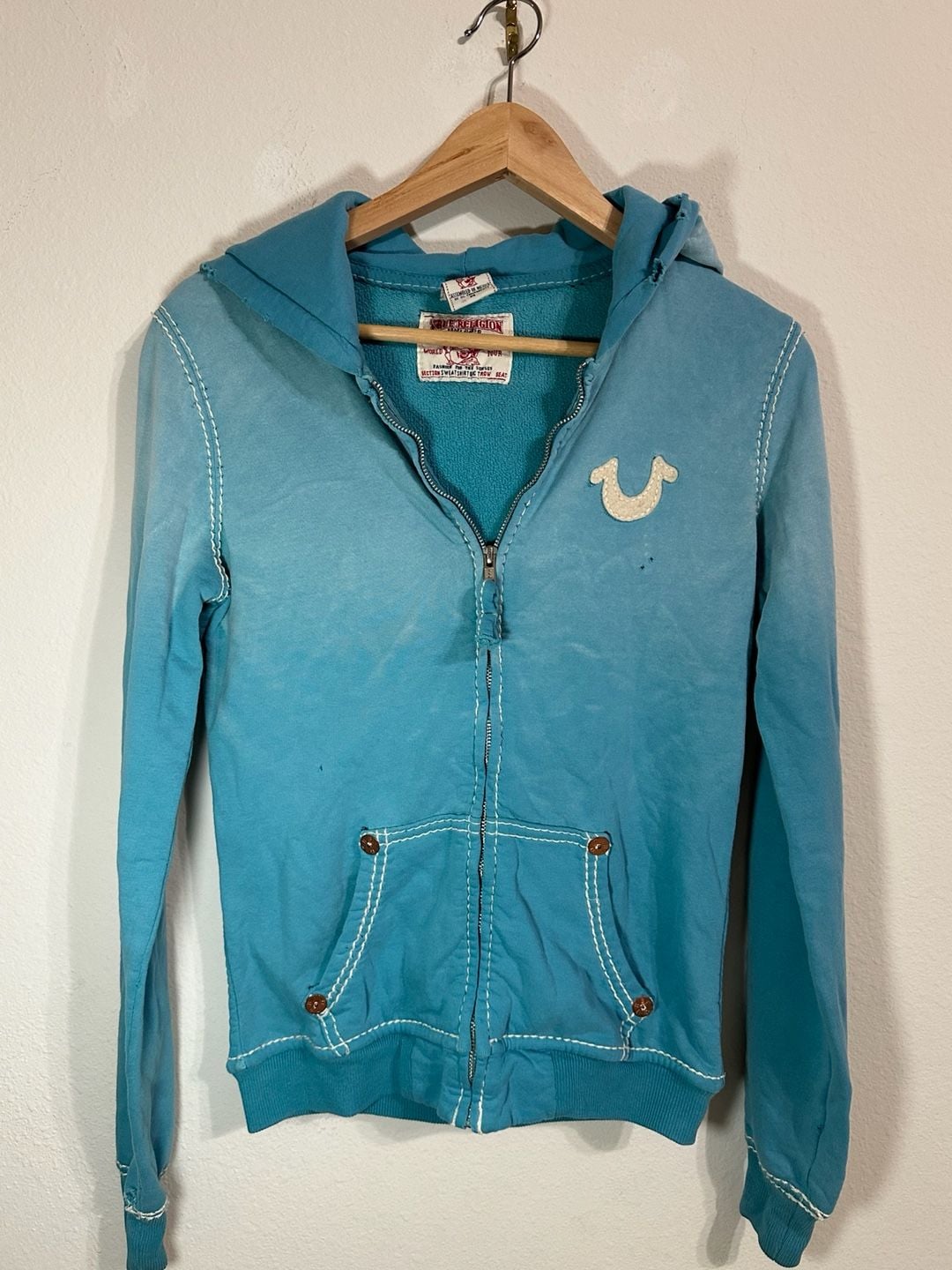 True Religion Women's Full Zip Hoodie Blue Size M distress look 2