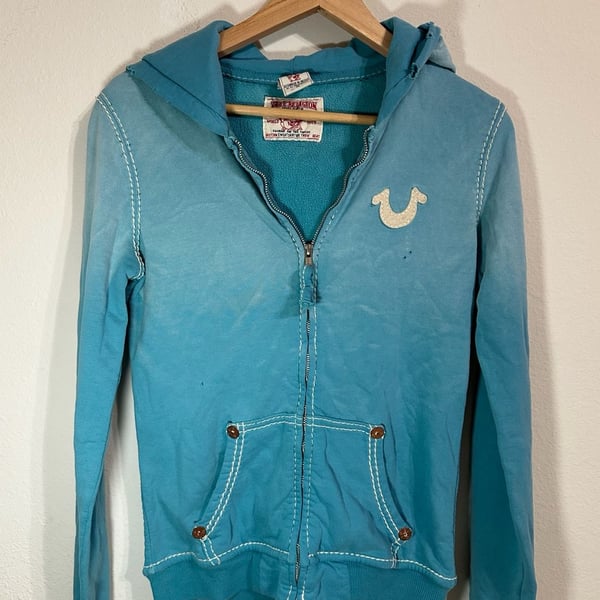 True Religion Women's Full Zip Hoodie Blue Size M distress look
