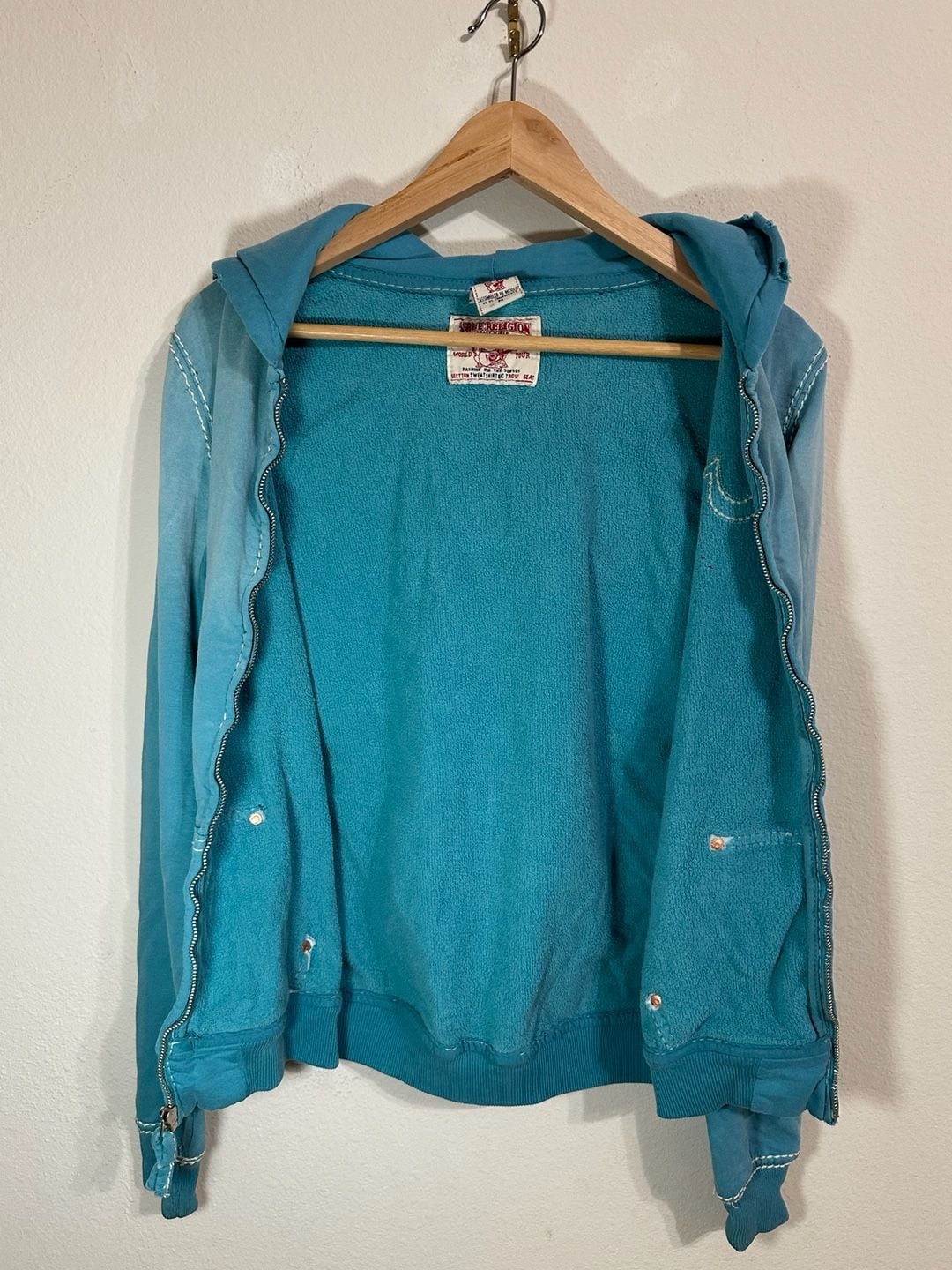 True Religion Women's Full Zip Hoodie Blue Size M distress look 3