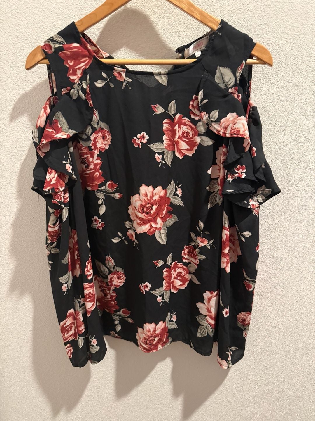 Stella Tweed Floral Cold Shoulder Ruffle Blouse Size XL 2