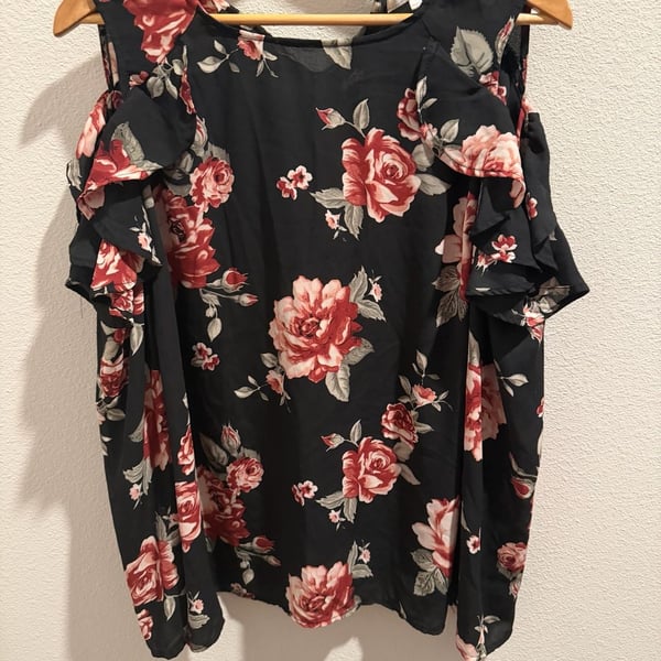 Stella Tweed Floral Cold Shoulder Ruffle Blouse Size XL