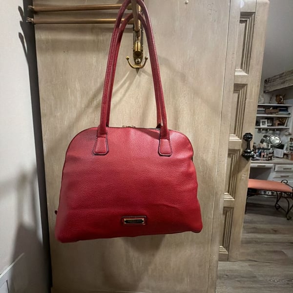 London Fog Collection Red Pebbled Faux Leather Dome Satchel Handbag