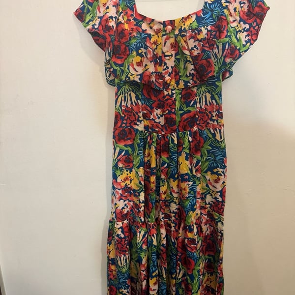 H Collection Floral Print Ruffle Tiered Midi Dress