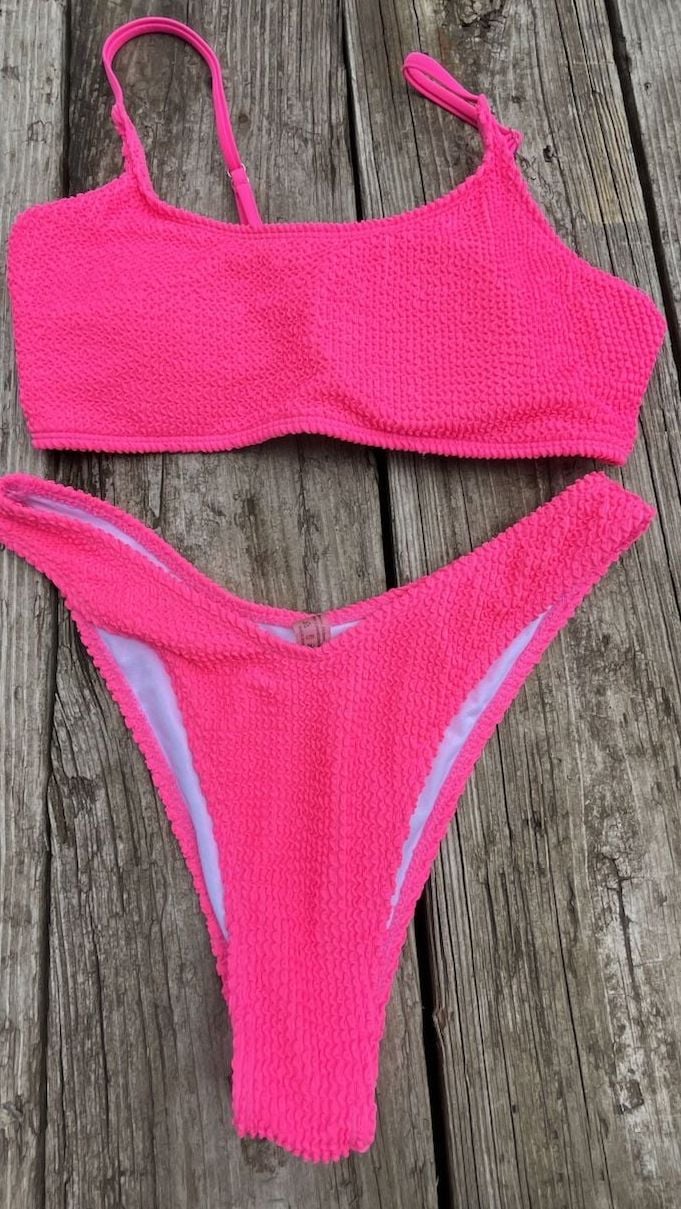 Neon Pink Crinkle Texture Bikini Set Size L 1