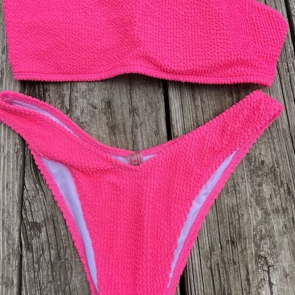 Neon Pink Crinkle Texture Bikini Set Size L